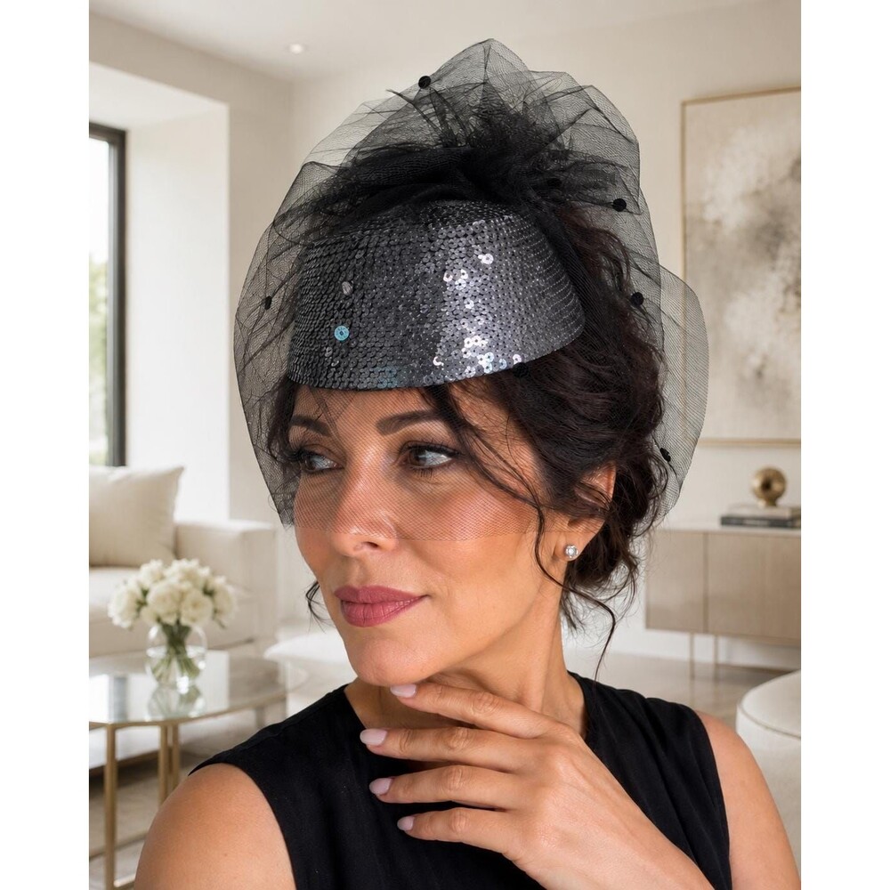 Vintage Whittall & Javits Silver Sequin Fascinator Pillbox Hat Black Mesh Veil